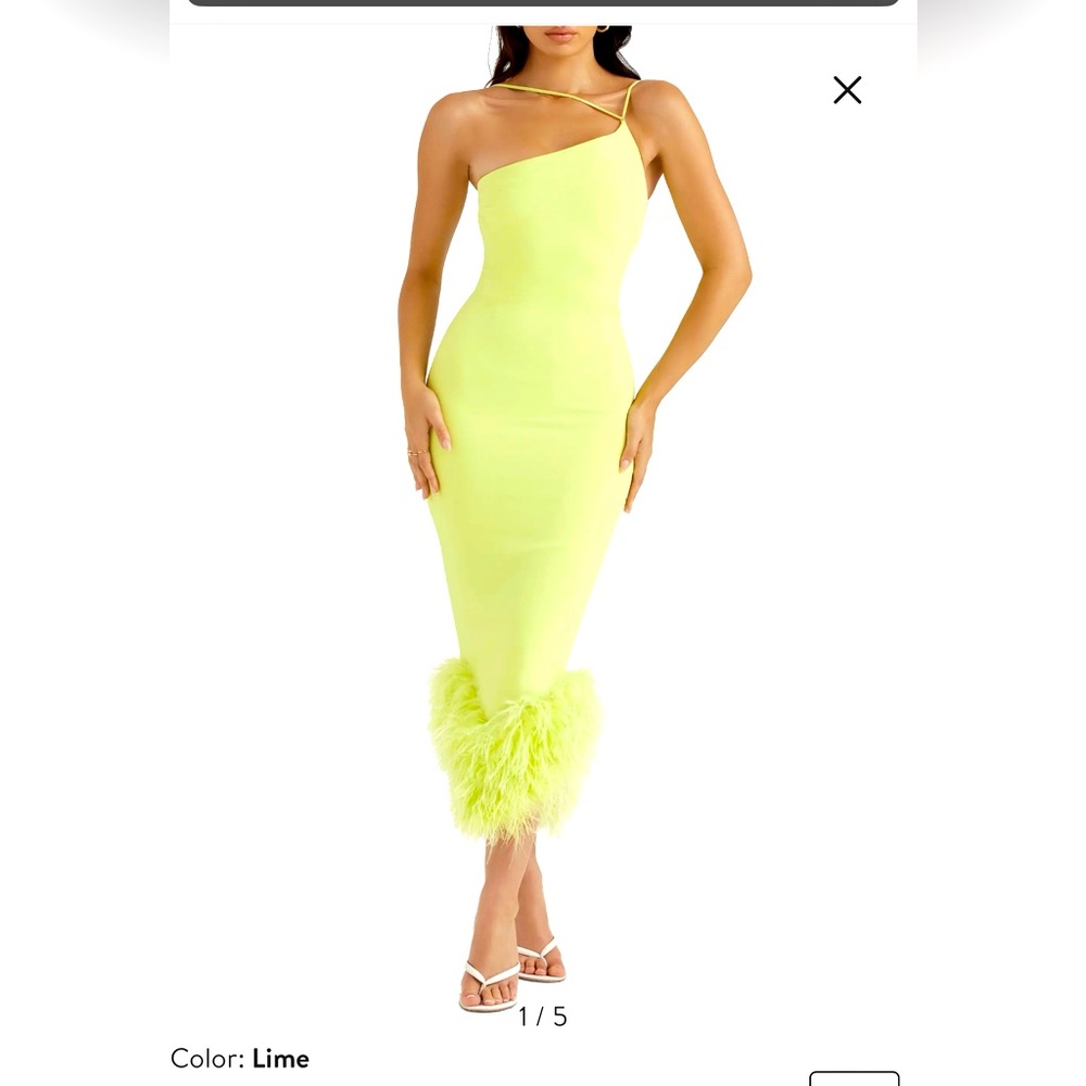 House of CB Alessia Asymmetric Feather Trim Midi Dress. Never worn size m
